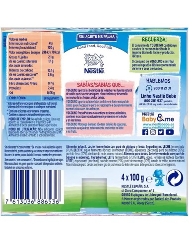 Nestlé Yogolino Fresa y Plátano Sin Azúcar, 4X100 gr