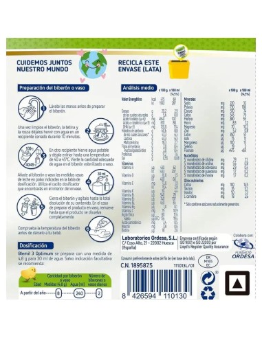 Blemil Optimum 3 ProTech 0% Azúcares Añadidos, 800 gr